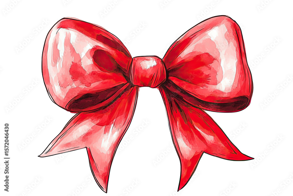 Poster a hand-drawn illustration of a classic red ribbon bow the bow is tied with a double knot and has two