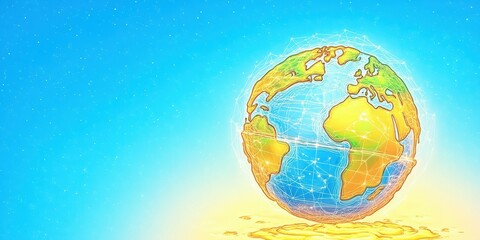 Naklejka premium Digital globe network illustration with continents. Earth as global planet, world as technology sphere. Connectivity and network, abstract design, modern digital concept, suitable for science or