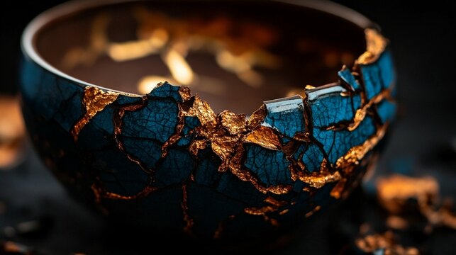 Cracked, dark-blue bowl with gold flecks.  Intricate crazing pattern