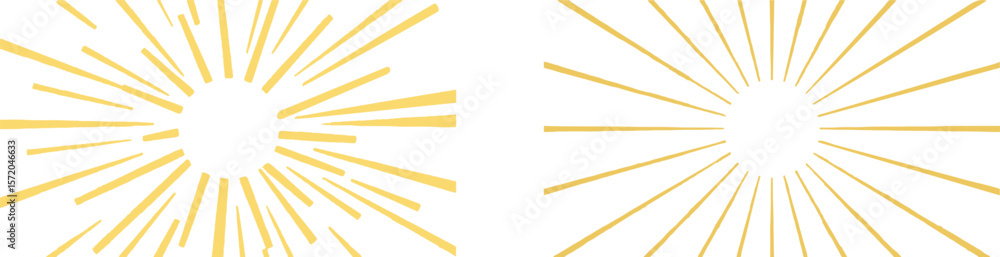Poster two abstract sunburst patterns with yellow lines radiating from a central point on a white backgroun