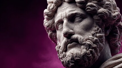 Fototapeta premium Close up stone sculpture of a man's face with a beard and curly hair against a purple background