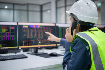 Technician in safety helmet uses computer to control systems in substation while communicating on...