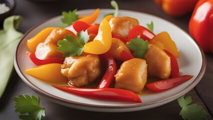 Asian-style sweet and sour chicken dish with vibrant peppers on ceramic plate