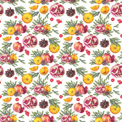 Watercolor seamless pattern with Christmas tree branch with pomegranate orange and pine cone on white background. Forest sticker or card. Hand-drawn art for New Year celebration wrapping or wallpaper