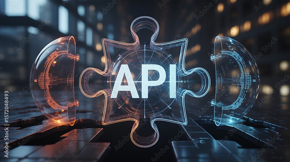 Poster interconnected digital puzzle pieces forming the word api technology connection