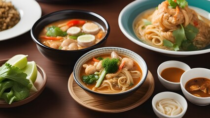 Variety of Thai dishes served on table with Pad See Ew and Tom Yum Goong soup