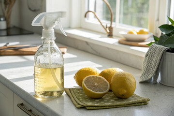 Obraz premium Homemade lemon cleaning spray on kitchen counter