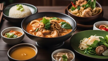 Traditional Thai restaurant food featuring Pad See Ew noodles and Tom Yum Goong soup