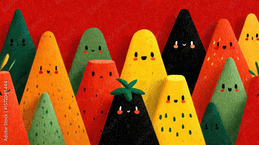 Poster whimsical triangle character pattern on red background