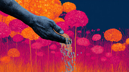 A mysterious hand fosters new life in an otherworldly garden, scattering bright particles among glowing plants.