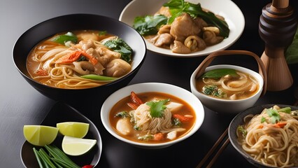 Top view of colorful Thai foods including soup and stir-fried noodles on restaurant table