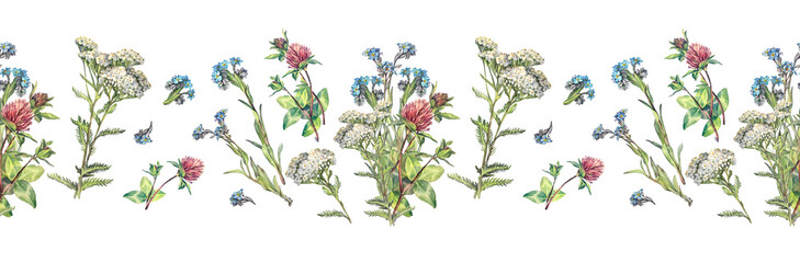 Seamless rim with bouquet watercolor yarrow forget me not and clover isolated on white background. Wild flowers for wedding invite. Summer spring border for card or wrapping. Hand-drawn pattern