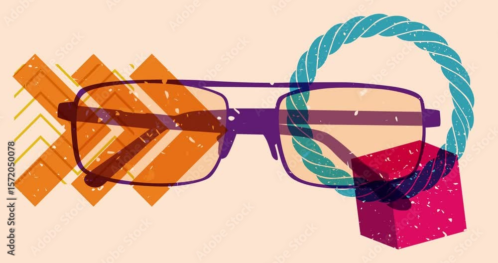 Poster risograph sunglasses with geometric shapes animation. moving object in trendy riso graph design vide