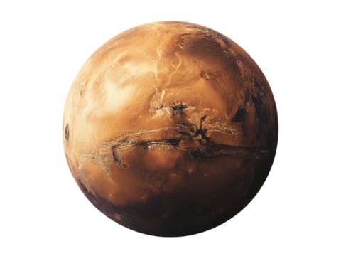 Red planet with vast canyons and craters against black void mars space, Isolated, Transparent Png
