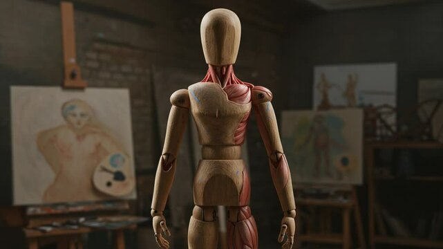 Wooden mannequin showcasing anatomical details in studio