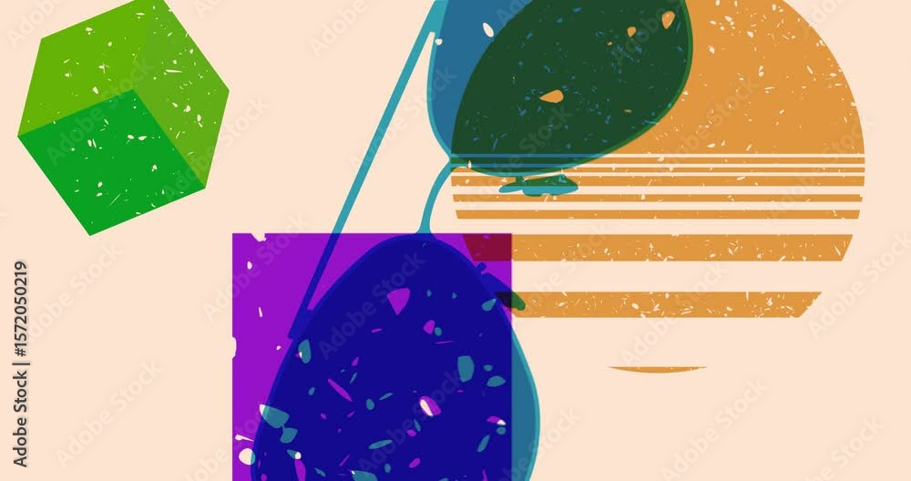 Poster risograph sunglasses with geometric shapes animation. moving object in trendy riso graph design vide