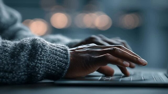 Close-up of professional hands typing on laptop keyboard in modern office. Concept of productivity, digital work, and corporate business environment.