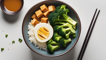 Nutritious vegetarian meal featuring tofu, steamed broccoli, and white rice in a bowl