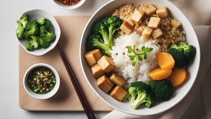 Wholesome tofu rice bowl with green broccoli served in a simple modern composition