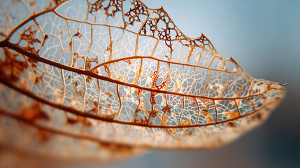 Delicate golden veins of a translucent skeleton leaf glow against a soft blue background