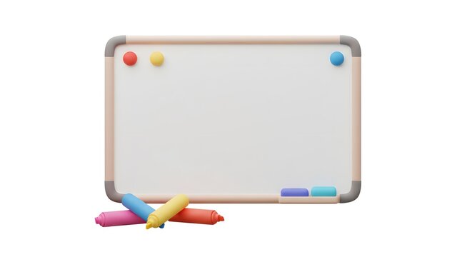 A 3D rendering of a white whiteboard with colorful markers and magnets.