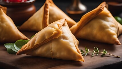 Traditional Indian samosas served on plate with chutney in warm rustic setting