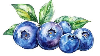 Watercolor Illustration Of Blueberries With Leaves Isolated On Transparent Background
