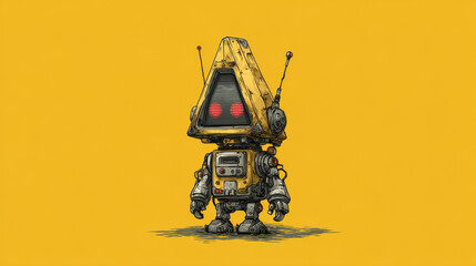 Vintage Sci-Fi Robot Illustration on Yellow