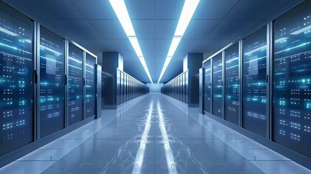 Futuristic animation of IT technician monitoring data flow in a secure server room. Ideal for cybersecurity, cloud technology, and digital infrastructure themes