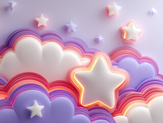 Dreamy 3D Render of Clouds, Stars, and Rainbows on Lavender