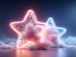 Neon Stars and Cotton Candy Clouds on Dark Abstract Background