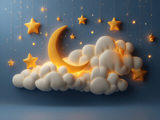 Dreamy Night Sky with Crescent Moon, Stars and Clouds on Blue
