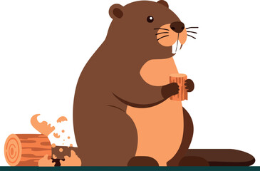 Beaver holding wood piece sitting near chopped log cartoon vector illustration