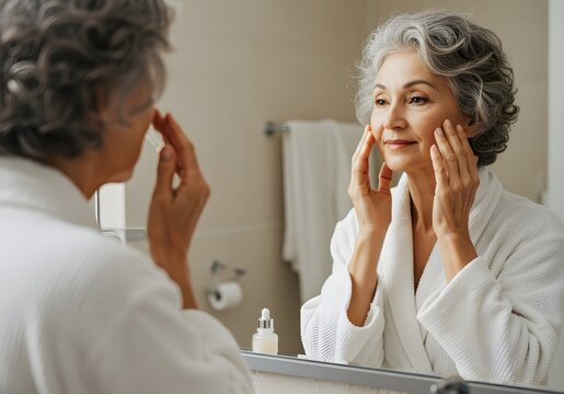 Elderly Woman Looking in Mirror During Skincare Graceful older woman applying skincare in bathroom mirror, representing confidence at any age
