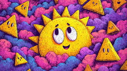 Whimsical Sun and Triangle Characters in Colorful Clouds Illustration