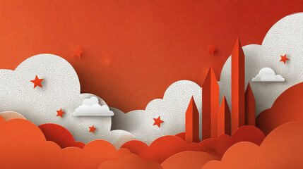 Orange Paper Cutout Landscape with Clouds, Stars and Trees