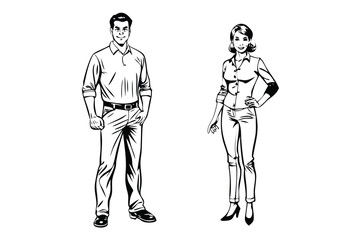 Relaxed Couple in Pop Art Comic Style. Full-Body Neutral Pose Vector Illustratio
