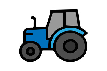 The image is a simple and colorful illustration of a tractor. The tractor is mainly blue with a gray cabin and black wheels.