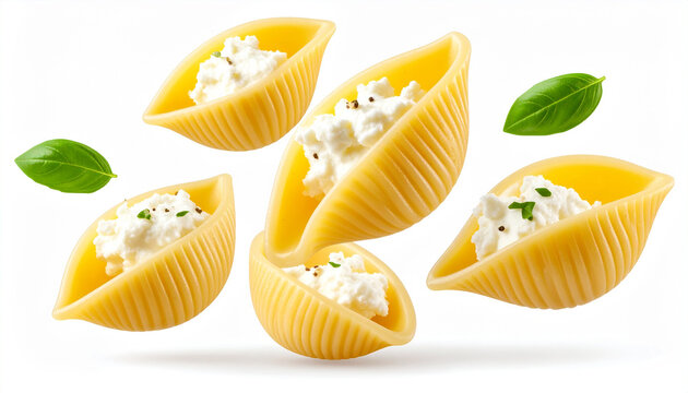 Stuffed Pasta Shells Hovering with Exposed Ricotta Filling and Hyperdetailed Surface