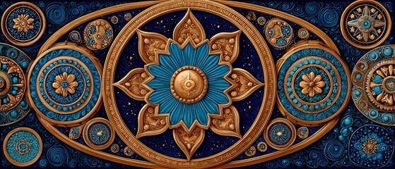 Ornate mandala patterns with intricate blue and gold floral motifs on a dark navy background
