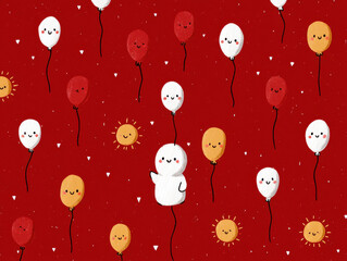 Festive Balloon and Sun Pattern on Red Background with White Accents