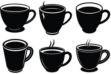 Collection of six black and white stylized coffee cups with steam