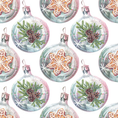 Watercolor seamless pattern with hand-drawn blue green shiny Christmas decoration ball with fir tree on white background. Toy art with branch for New Year party celebration. Wallpaper or wrapping