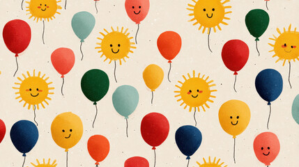 Playful Sun and Balloon Cartoon Pattern on Beige Background
