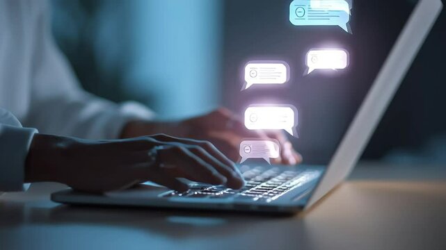 Hands Typing on Laptop with Floating Chat Bubbles Illustrating Communication with ai generated