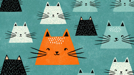 Geometric Cat Faces Pattern, Minimalist Animal Design