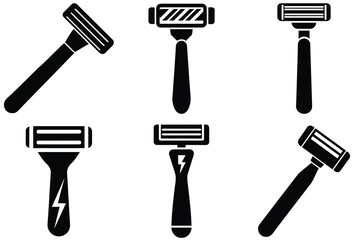 Collection of six black silhouette icons of razors on a white background