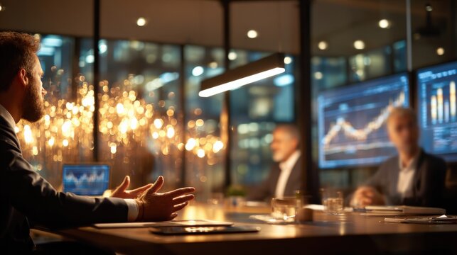 Professional Business Meeting Conference with Multiple People Analyzing Financial Data and Charts on Digital Screens in Modern Office Environment - Powered by Adobe