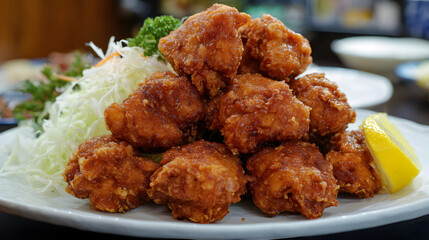 Crispy fried chicken zangi chunks served with fresh vegetables and lemon slice on a white plate