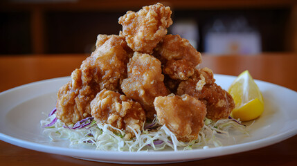 Crispy Fried Chicken Zangi Chunks on a Plate with Shredded Cabbage and Lemon Wedge in Hokkaido Style